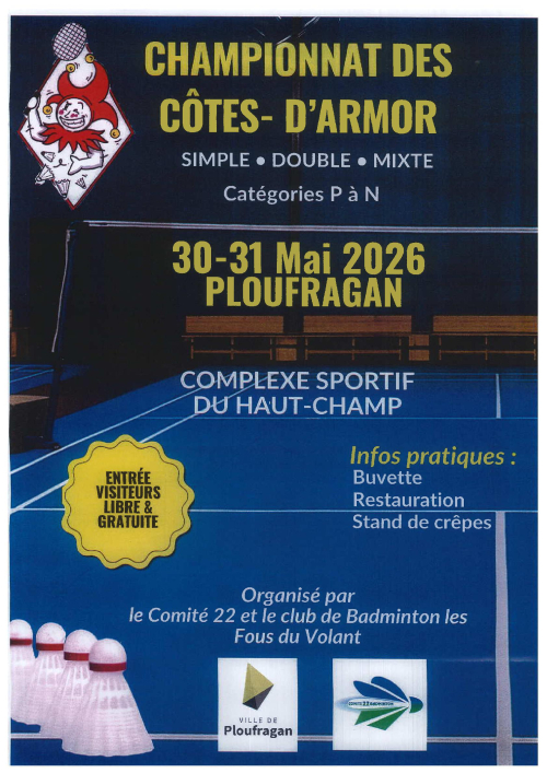 Agenda affiche championnat badminton 30-31 mai 26