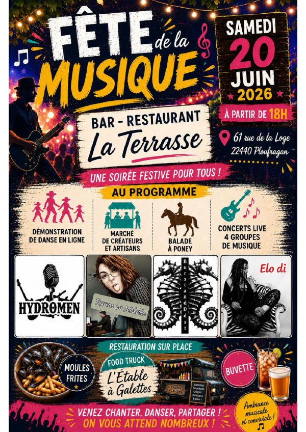 Agenda fête de la musique restaurant la Terrasse 20 juin 26