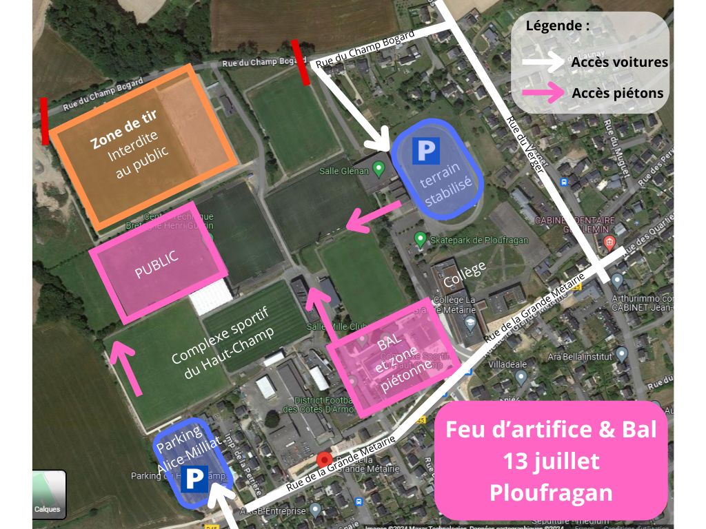 Plan d'accès au feu et au bal au Haut Champ 13 juillet 2024